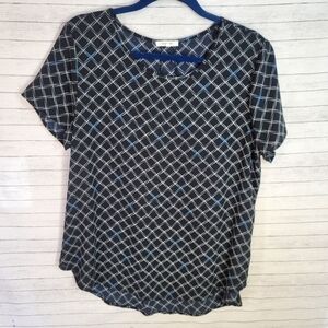 PLEIONE GEOMETRIC BLACK, WHITE & BLUE BLOUSE, SZ SMALL